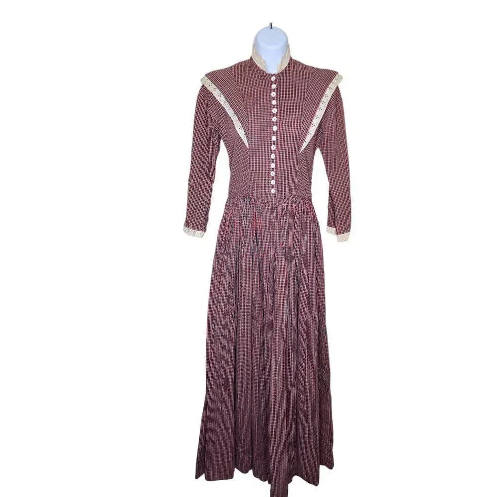 Vintage 50s Prairie Dress Womens Size Small Red Check High Neck Maxi Tie Waist